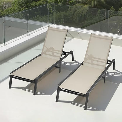 VEVOR Outdoor Chaise Lounge Chair, 400 lbs Weight Capacity, Foldable Sun Tanning Chair, 5 Adjustable Positions, Easy Assembly, Heavy Duty Aluminum Pool Recliner Lounge Chairs, for Beach Yard Patio