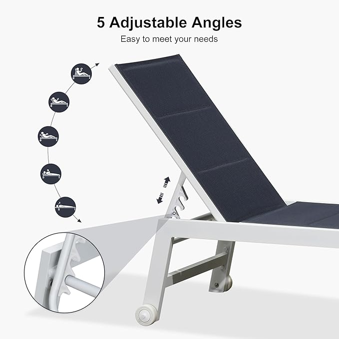 PURPLE LEAF Outdoor Oversized Chaise Lounge Set for Tall & Strong Individuals Adjustable Recliner Extra Wide Lounge Chairs with Side Table for Poolside Beach Patio Aluminum Chaise Lounger Navy Blue