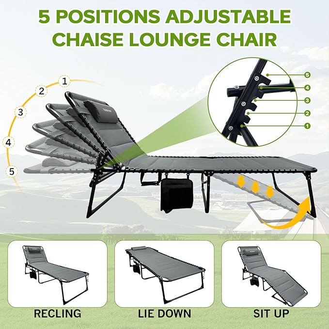 Outdoor Folding Lounge Chair with Removable Canopy & Pillow, Padded Reclining Chaise Lounge Chair 5-Position Heavy Duty Beach Chair for Patio, Beach, Pool, Camping