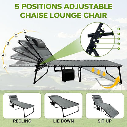 Outdoor Folding Lounge Chair with Removable Canopy & Pillow, Padded Reclining Chaise Lounge Chair 5-Position Heavy Duty Beach Chair for Patio, Beach, Pool, Camping