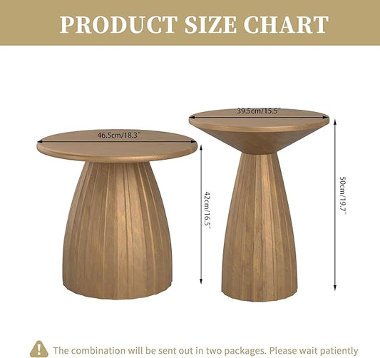Metal Small Patio Table Set of 2, Round Outdoor Side Table, Wood Color Outdoor Accent Patio End Table, for Garden, Pool, Deck, Balcony, Yard, Living Room, Weather Resistant, No Assembly