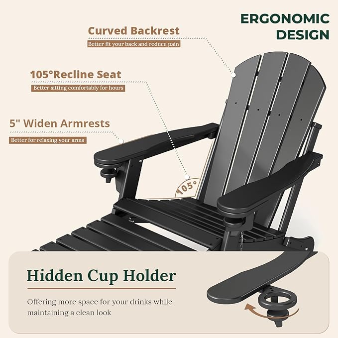 BRIOPAWS Adirondack-Chair-with-Pull-Out-Footrest | Folding | HDPE Plastic | Fire Pit Chairs | All Weather | Cup Holders | Curved Back | Retractable Ottoman | for Outdoor Deck Poolside | Black