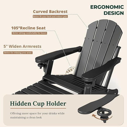 BRIOPAWS Adirondack-Chairs-with-Pull-Out-Footrest | Set of 4 | Folding | HDPE Plastic | Fire Pit Chair | All Weather | Cup Holders | Curved Back | Retractable Ottoman | for Poolside Deck | Black