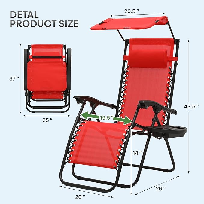 Athena Collection Folding Zero Gravity Chair with Canopy, Adjustable Lounge Chair Recliner, Outdoor Lawn Chair Camping Chairs Beach Chaise Chairs with Headrest & Cup Holder for Patio Pool, Red