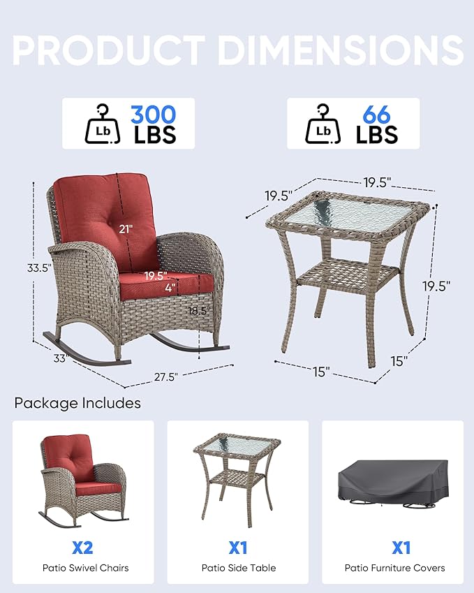 Outdoor Rocking Chairs Set of 2-Patio Table and Chairs Set Outdoor Conversation Furniture Sets for Deck Porch Garden - Photo 3