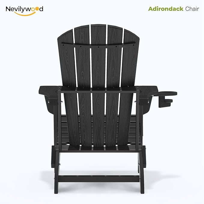 nevilywood HDPE Folding Adirondack Chair Set of 2,Waterproof All-Weather Outdoor Design with Cup Holder,Suitable for Patio for Fire Pit, Patio & Beach, Black