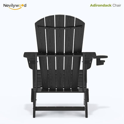 nevilywood HDPE Folding Adirondack Chair Set of 2,Waterproof All-Weather Outdoor Design with Cup Holder,Suitable for Patio for Fire Pit, Patio & Beach, Black