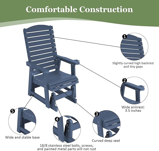 Poly Lumber Patio Glider with Cup Holders, High Backrest and Deep Contoured Seat, HIPS Material, All-Weather Resistant - Photo 6