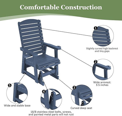 Poly Lumber Patio Glider with Cup Holders, High Backrest and Deep Contoured Seat, HIPS Material, All-Weather Resistant, Heavy Duty 700 Pounds (Navy Blue, 1-Seat)