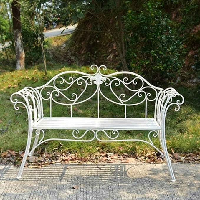 Metal Garden Bench, Country Wrought Iron Double Chair Bench, Villa Garden Courtyard Decoration Leisure Chair, Park Outdoor Bench with Backrest