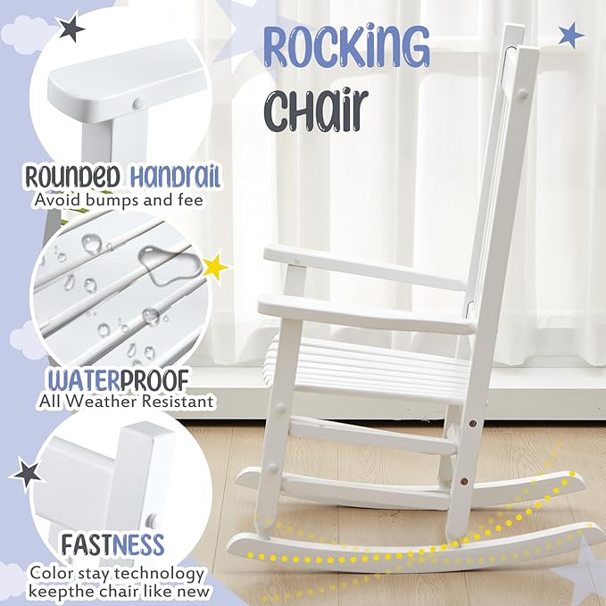 Kids Rocking Chair Cushion Pad Set Toddler Rocking Chair Indoor Outdoor Wooden Rocker Child Patio Rocker for Porch Balcony Lawn Indoor Outdoor(White,Ages 6-10)