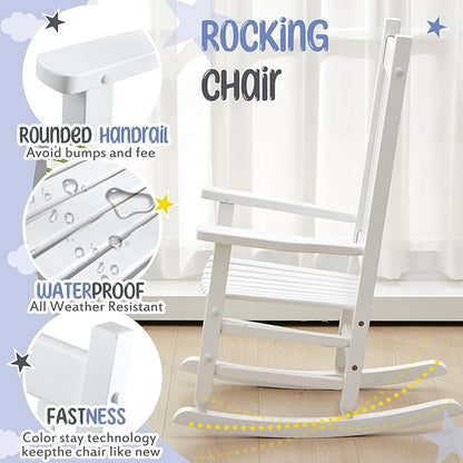 Kids Rocking Chair Cushion Pad Set Toddler Rocking Chair Indoor Outdoor Wooden Rocker Child Patio Rocker for Porch Balcony Lawn Indoor Outdoor(White,Ages 6-10)