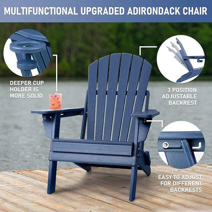 FUNBERRY Adjustable Folding Adirondack Chairs Set of 2, HDPE All Weather Fire Pit Chairs with Cup Holder