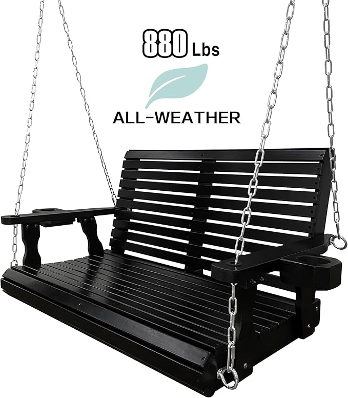 Wooden Porch Swing 2-Seater, High Backrest and Deep Seat, Bench Swing with Cupholders, Hanging Chains and 7mm Springs - Photo 4