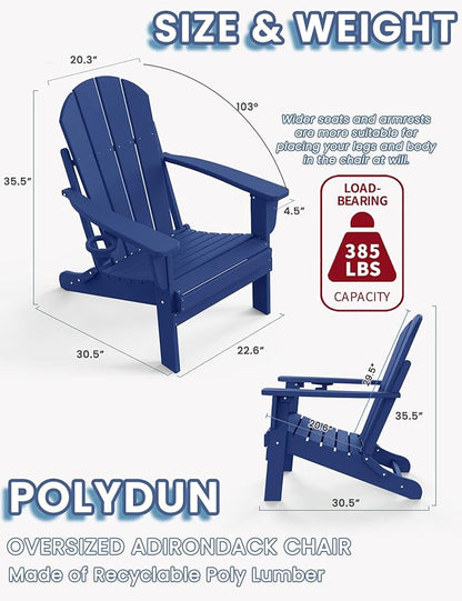 Adirondack Chair with Cup Holder, Folding HDPE Patio Chairs, Outdoor Plastic Fire Pit Chair, Wood Texture, Lawn Chairs for Deck, Porch, Backyard, Garden, Navy Blue