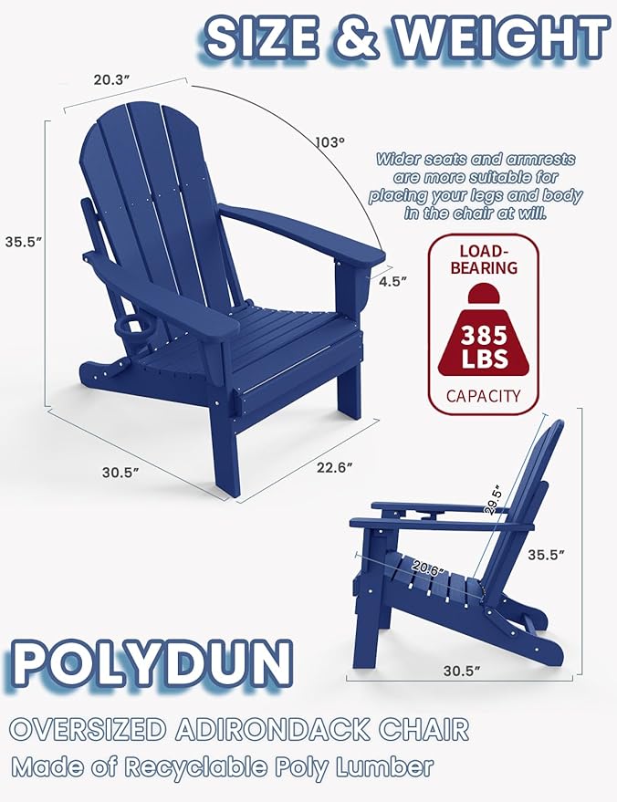 Adirondack Chair with Cup Holder Set of 4, Folding HDPE Patio Chairs, Outdoor Plastic Fire Pit Chair, Wood Texture, Lawn Chairs for Deck, Porch, Backyard, Garden, Navy Blue