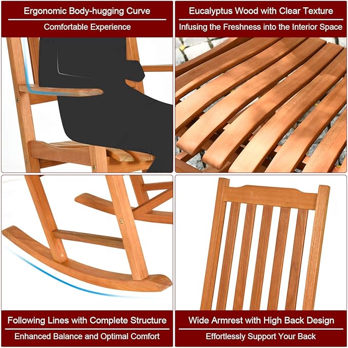 Giantex Set of 2 Porch Rocking Chair Outdoor and Indoor Use, Solid Eucalyptus Wood Rocker with Natural Finish, Front Porch Chairs for Patio Deck Garden, Wooden Rocking Adirondack Chair Set