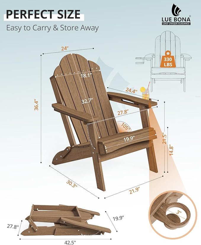 LUE BONA Folding Adirondack Chair, Chairs Set of 6, Cup Holder, Woodgrain, Fire Pit, Patio, Pool, Brown - Photo 2