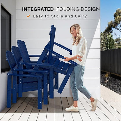 VINGLI Plastic Folding Adirondack Chair with Cup Holder, 100% Recyclable HDPE Material, Comfortable 380lb Weight Capacity for Outdoor Pool Patio Lounge Chair Lawn Furniture Fire Pit, 1 Pack, Navy Blue