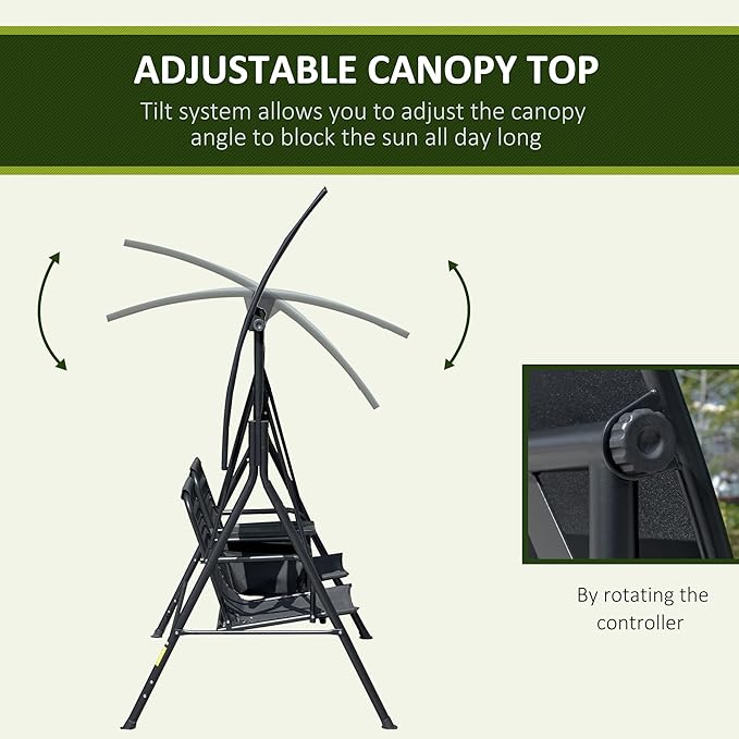 Outsunny 2-Seat Patio Swing Chair, Outdoor Canopy Swing Glider with Pivot Storage Table, Cup Holder, Adjustable Shade - Photo 3