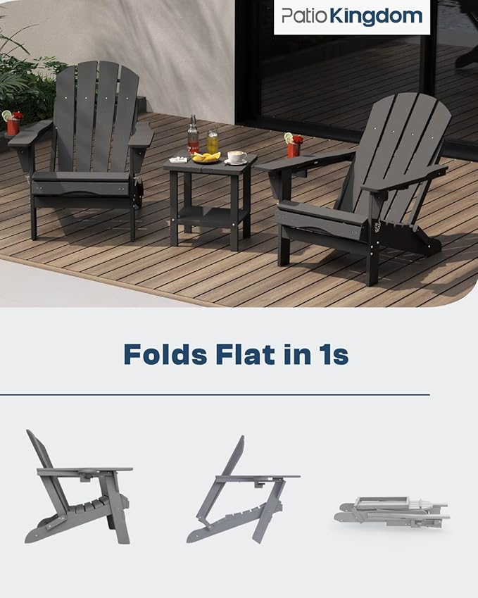 3-Piece Adirondack Chair with Footrest and Table Set,Folding Chair with Retractable Ottoman,HDPE All Weather Fire Pit Chair with Cup Holder(Grey, 1 Chair &1 footrest & 1 Table)