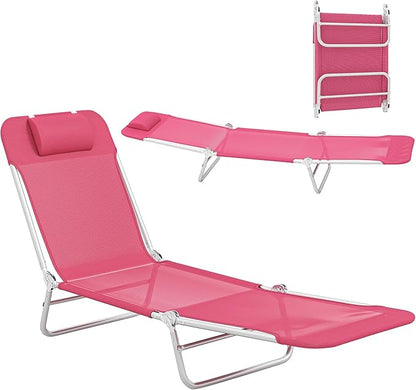 Outsunny Folding Chaise Lounge Chair, Pool Sun Tanning Chair, Outdoor Lounge Chair with Reclining Back, Breathable Mesh Seat, Headrest for Beach, Yard, Patio, Pink