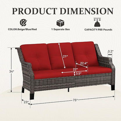 Outdoor Patio Sofa Wicker 3 Seater Sofa, Rattan Couch with Deep Seat and Olefin Cushions, High Backrest, All-Weather for Balcony, Deck, Backyard