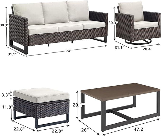 Rilyson Wicker Outdoor Patio Furniture Set - 6 Piece Patio Conversation Set with 2 Swivel Rocker Chairs,2 Rattan Ottoman,1 Couch and 1 Metal Coffee Table for Outside Porch Deck Backyard(Brown/Beige)