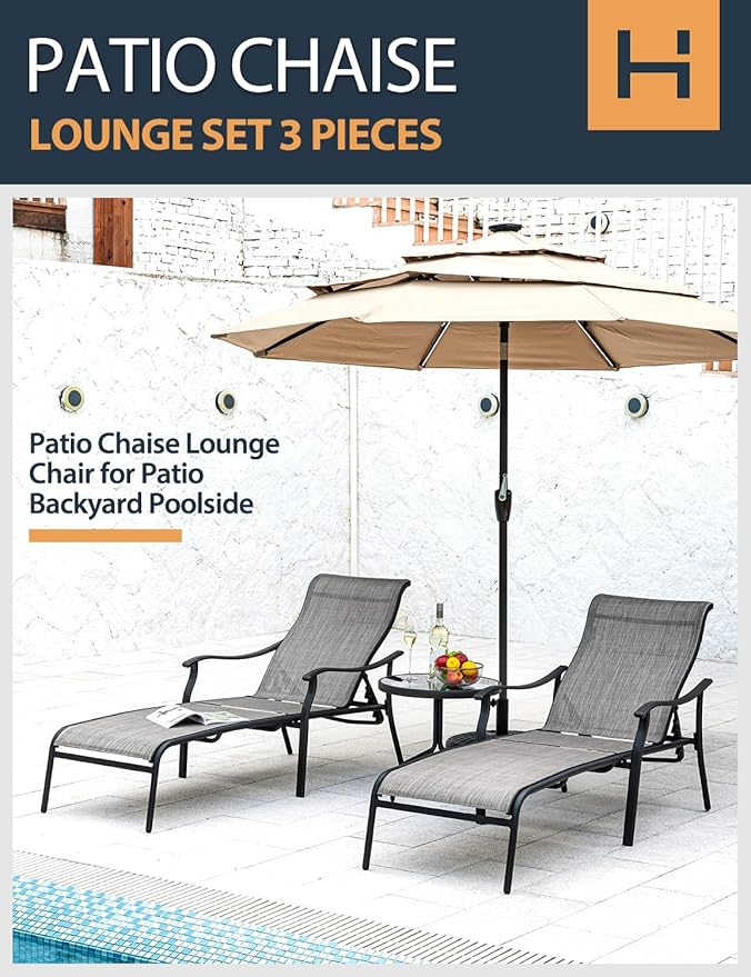 HAPPATIO Patio Chaise Lounge Set 3 Pieces, Patio Lounge Chair with Glass Coffee Table - Photo 3