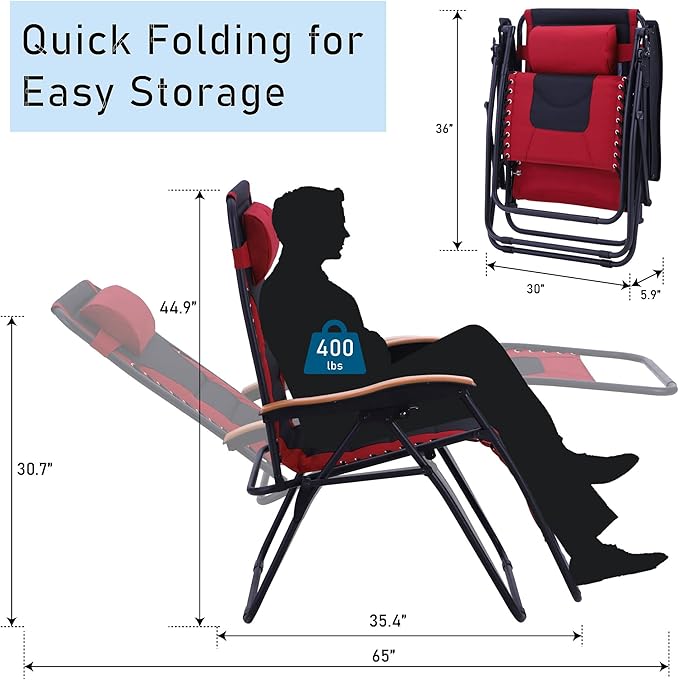 PHI VILLA XXL Oversized Padded Zero Gravity Chair Set of 2, Foldable Patio Recliner, 30" Wide Seat Anti Gravity Lounger with Armrest and Cup Holder, Support 400 LBS (Red)