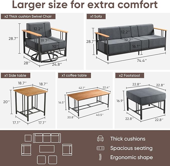 Patio Furniture Set of 7,with 6-inch Thick Cushion Outdoor Furniture Set,Patio Chair Set with Sofa,Wood Grain - Photo 2