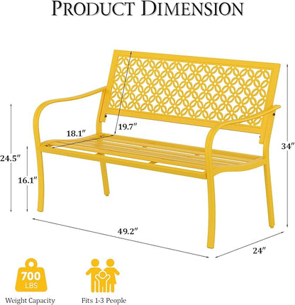 ONBRILL 50" Outdoor Bench, Garden Benches with Galvanized Metal Frame, Front Porch Bench with Floral Backrest, Patio Furniture with Adjustable Feet for Park, Yard, Lawn, Entryway, Yellow