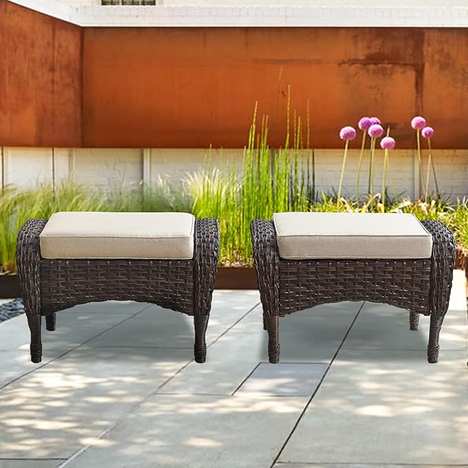 Belord Outdoor Ottomans for Patio Foot Rest - 25 Inch PE Wicker Foot Stool Set of 2 with Removable Cushions for Patio Furniture Sets,All Weather Rattan Ottoman for Balcony Backyard Brown
