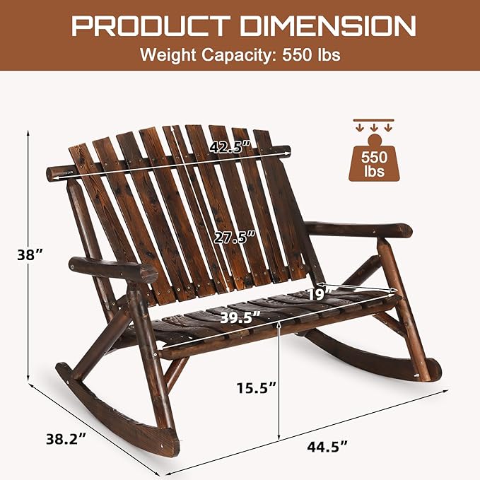 HOMEDIARY Outdoor Wood Rocking Bench, 2-Persons Rustic Adirondack Log Rocker with Slatted Seat, High Backrest/Armrests, Double Wooden Patio Porch Rocking Loveseat for Garden Backyard Porch, Carbonized