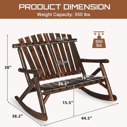 HOMEDIARY Outdoor Wood Rocking Bench, 2-Persons Rustic Adirondack Log Rocker with Slatted Seat, High Backrest/Armrests, Double Wooden Patio Porch Rocking Loveseat for Garden Backyard Porch, Carbonized