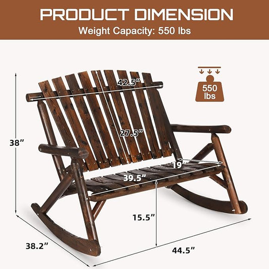 HOMEDIARY Outdoor Wood Rocking Bench, 2-Persons Rustic Adirondack Log Rocker with Slatted Seat, High Backrest/Armrests, Double Wooden Patio Porch Rocking Loveseat for Garden Backyard Porch, Carbonized