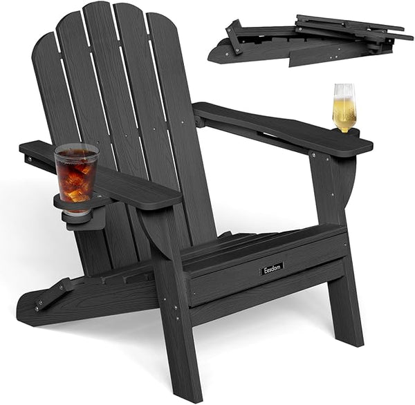 Folding Adirondack Chair, HDPE Adirondack Chair with 2 Cup Holders, Easy Assembly Outdoor Fire Pit Chairs for Patio - Photo 1