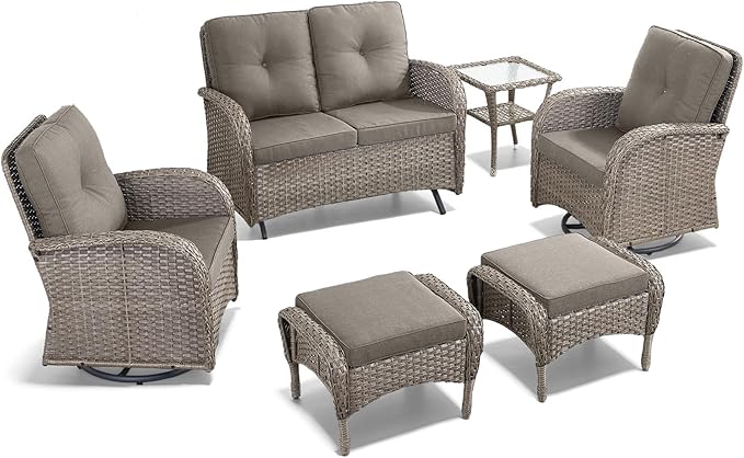 6 Pieces Patio Wicker Furniture Set-Outdoor Swivel Chairs Set of 2 Outdoor Glider Love seat with Outdoor Footstool Patio Furniture for Deck Porch Garden Balcony Poolside-Grey/Grey