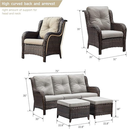 HUMMUH Outdoor Furniture 5 Pieces Patio Furniture Set Wicker Outdoor Sectional Sofa with 2 Patio Chairs,Ottomans