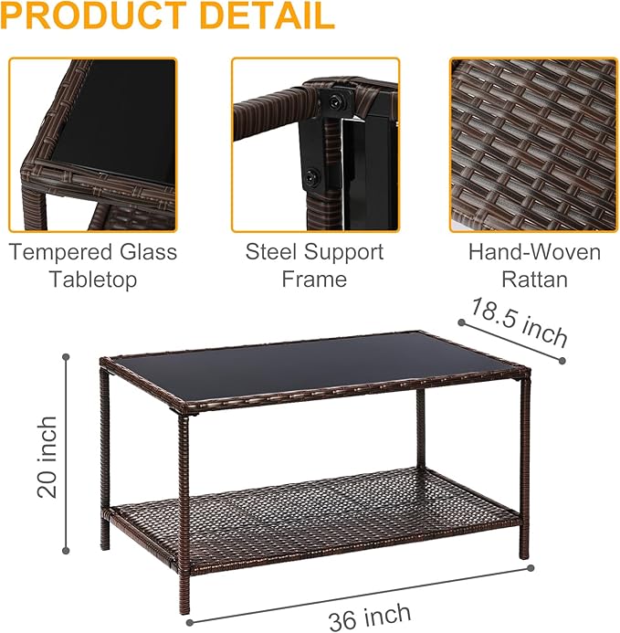 SUNNYPARK Outdoor Rattan Coffee Table 36’’ All-Weather Wicker Patio Side Tables with Glass Top and Storage Shelf - Photo 3