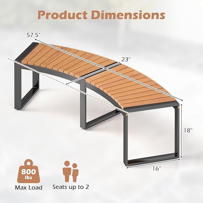 Tangkula Patio Curved Bench Set of 2, Acacia Wood Fire Pit Bench w/Slatted Seat & Metal Legs, Outdoor Backless 2-Person Seating for Yard, Garden, Porch, 800 LBS Max Load, Oil Painted