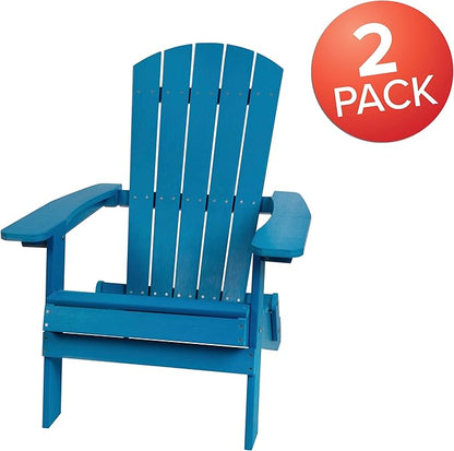 Flash Furniture Charlestown Folding Adirondack Chair - Blue - Poly Resin - Indoor/Outdoor - Weather Resistant - Set of 2