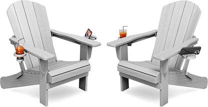 KINGYES Folding Adirondack Chair Set of 2, Dual Cup Holders & All-Weather HDPE, Wood-Like Patio Chair for Backyard, Camping, Pool & Fire Pit, Silver Grey