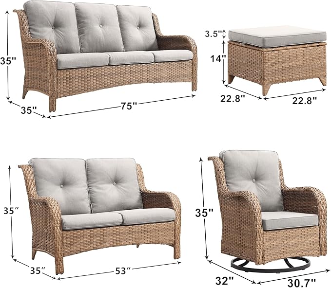 Rilyson Patio Furniture Swivel Chairs Set - 6 Piece Wicker Rattan Outdoor Sectional Conversation Sets with 2 Rocking - Photo 2