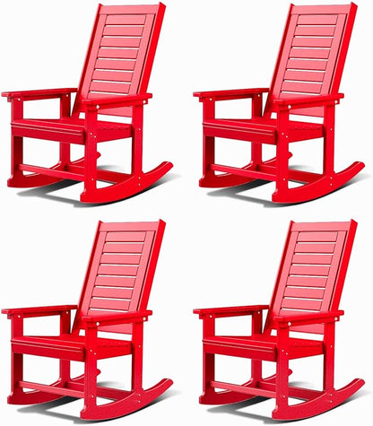 GREENVINES Outdoor Rocking Chairs | Set of 4 | Porch Rocker | HDPE Plastic | Red | Oversized Rockers | High Back | Big & Tall | Ladder Back | for Patio Outside Backyard Balcony Garden
