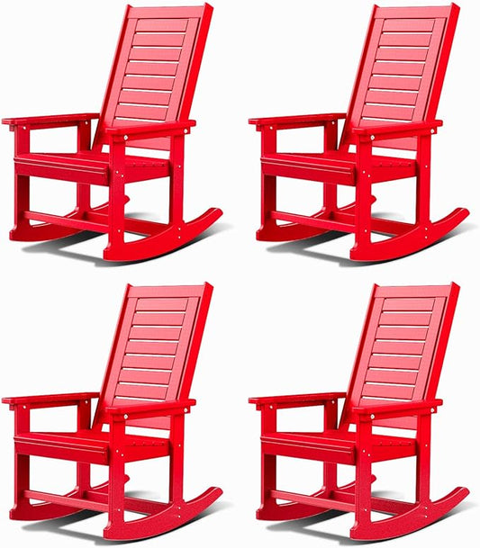 GREENVINES Outdoor Rocking Chairs | Set of 4 | Porch Rocker | HDPE Plastic | Red | Oversized Rockers | High Back | Big & Tall | Ladder Back | for Patio Outside Backyard Balcony Garden
