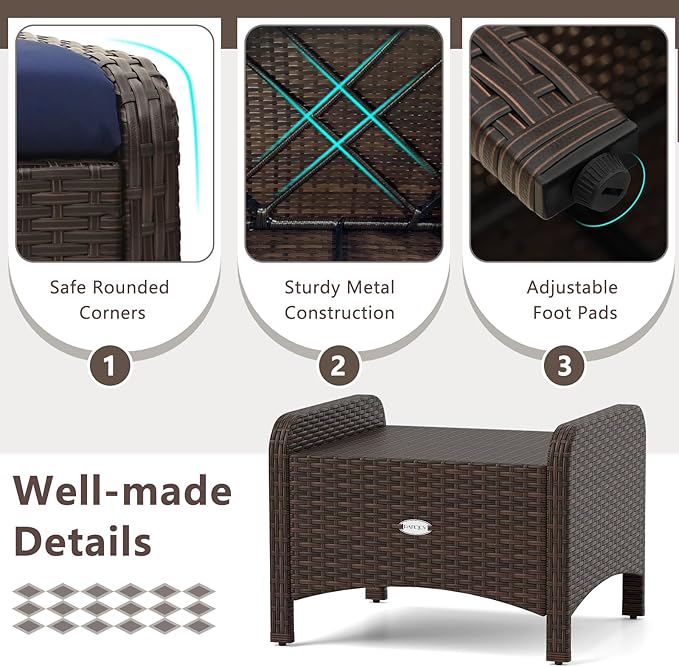 Tangkula 2 Pieces Outdoor Patio PE Wicker Ottomans with Removable Cushions, Outdoor Furniture for Additional Seating - Photo 6