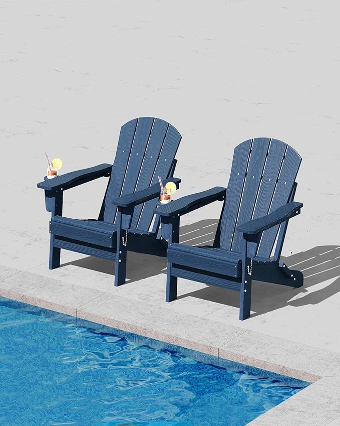 Garvee Folding Adirondack Chair, HDPE Outdoor Patio Chair with Cup Holder, All Weather Resistent Wooden Textured for patios, Decks, Gardens, fire Pit, Navy Blue