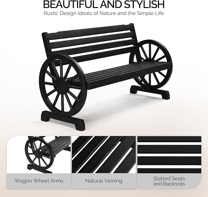 VINGLI 55" Rustic Wooden Wheel Bench Outdoor Bench, 2-Person Patio Bench Wagon Slatted Seat, Garden Benches for Outdoors 350lbs High Capacity, Weather Resistance ((Black)