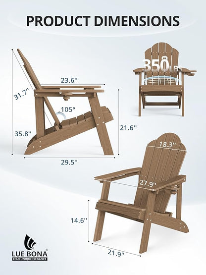 LUE BONA Wood-Grain HDPE Adirondack Chairs Set of 2 - Weather Resistant Seating with Cup Holder for Porch, Cabin, Deck & Fire Pit, Brown